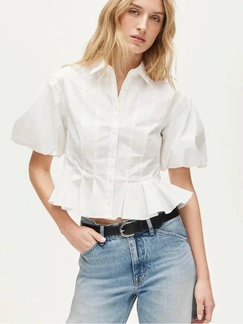 J. Crew White Puff-Sleeve Peplum Button-Down Shirt
